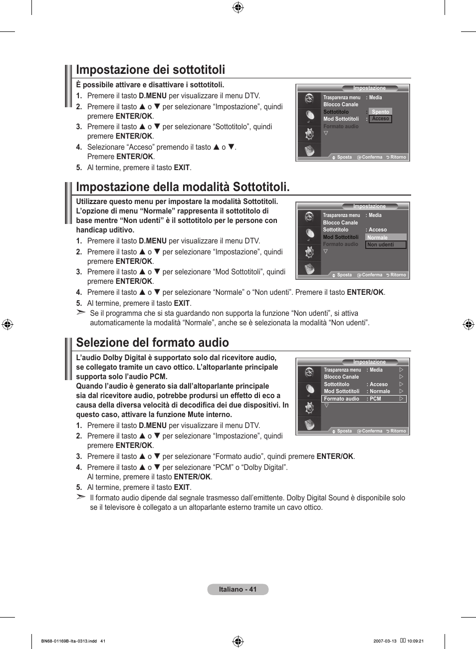 Impostazione dei sottotitoli, Impostazione della modalità sottotitoli, Selezione del formato audio | Samsung LE40R87BD User Manual | Page 291 / 498