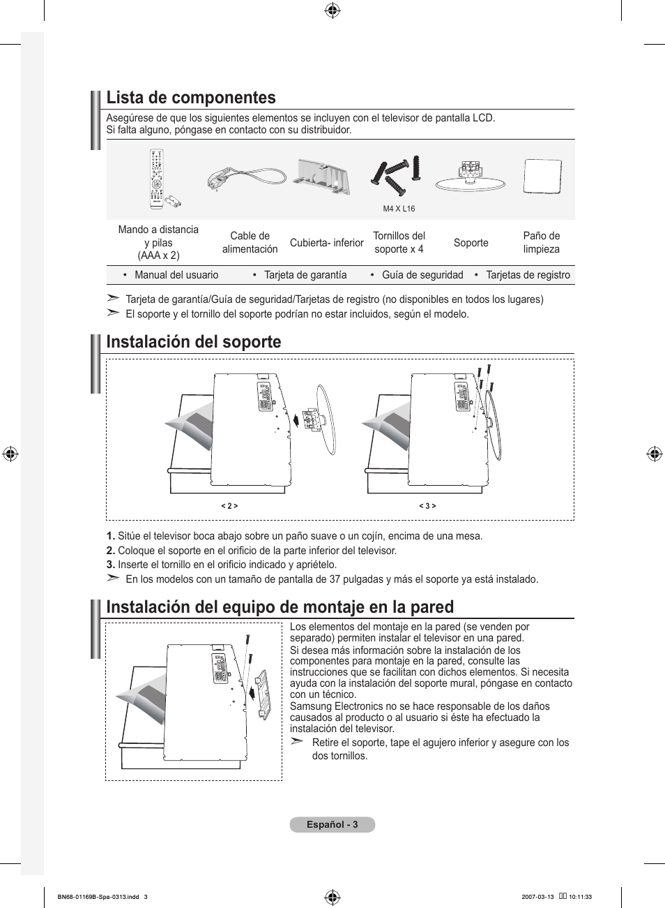 Lista de componentes, Instalación del soporte, Instalación del equipo de montaje en la pared | Samsung LE40R87BD User Manual | Page 315 / 498