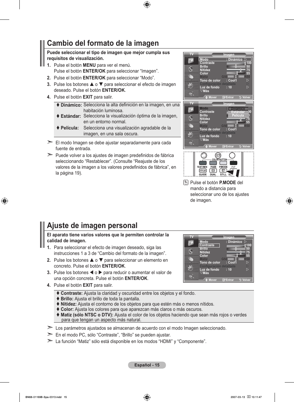 Cambio del formato de la imagen, Ajuste de imagen personal | Samsung LE40R87BD User Manual | Page 327 / 498