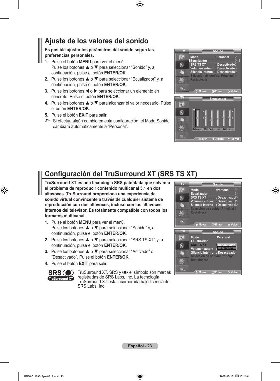 Ajuste de los valores del sonido, Configuración del trusurround xt (srs ts xt) | Samsung LE40R87BD User Manual | Page 335 / 498