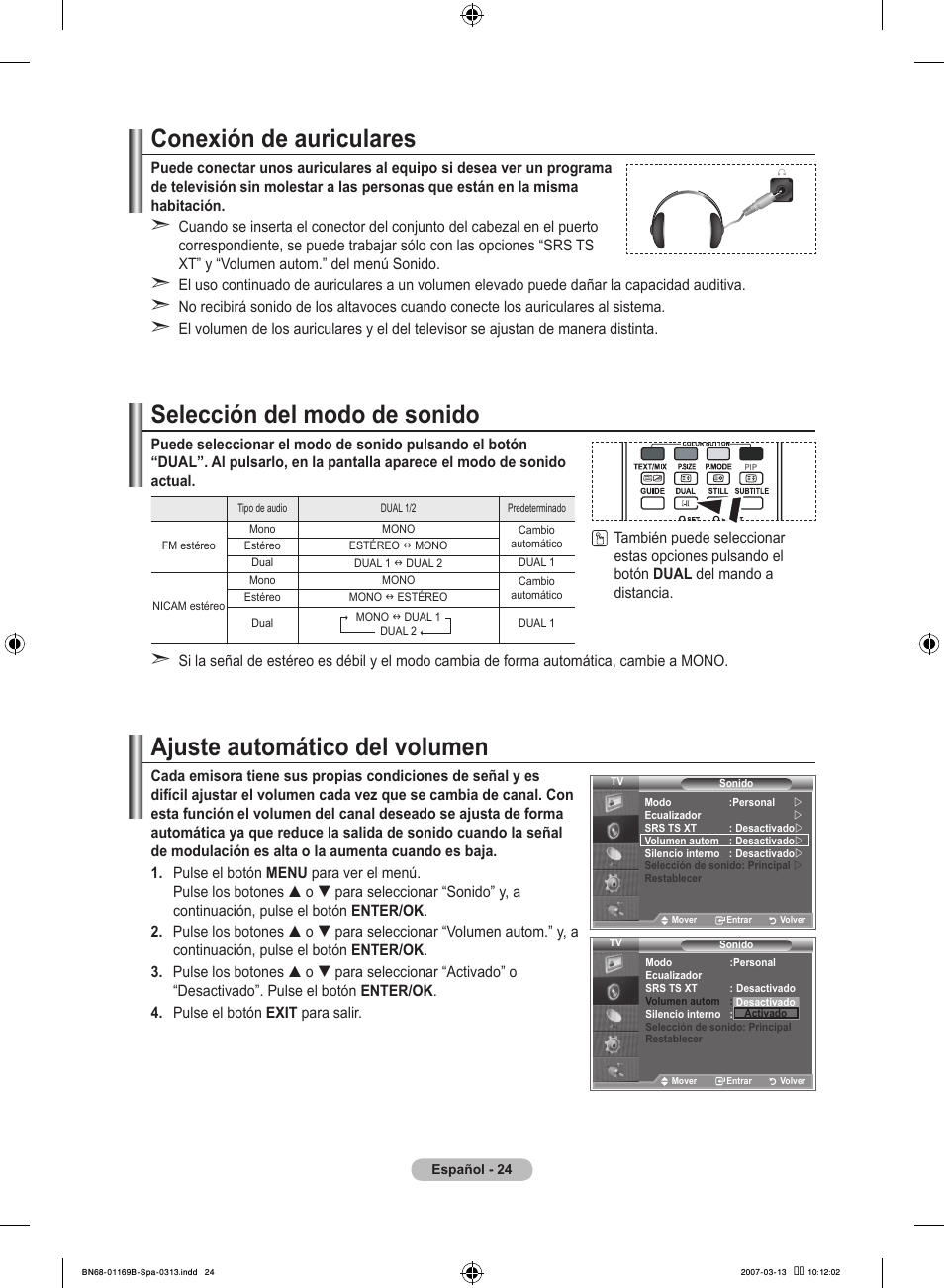 Conexión de auriculares, Selección del modo de sonido, Ajuste automático del volumen | Samsung LE40R87BD User Manual | Page 336 / 498