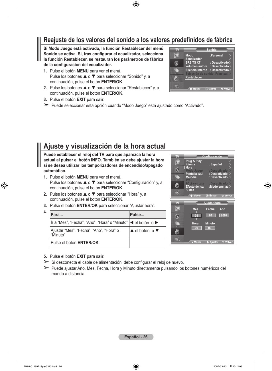 Ajuste y visualización de la hora actual | Samsung LE40R87BD User Manual | Page 338 / 498