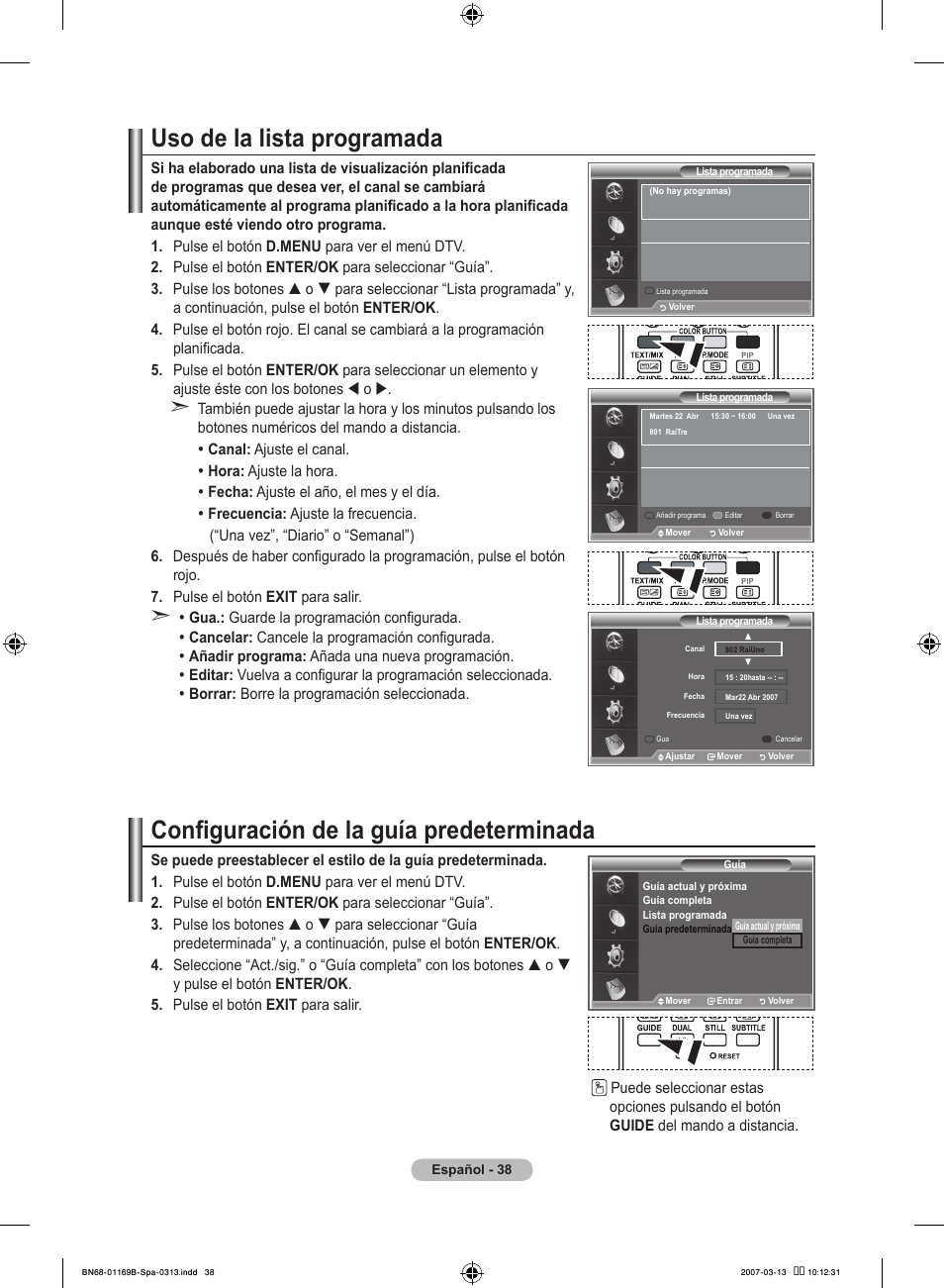 Uso de la lista programada, Configuración de la guía predeterminada | Samsung LE40R87BD User Manual | Page 350 / 498