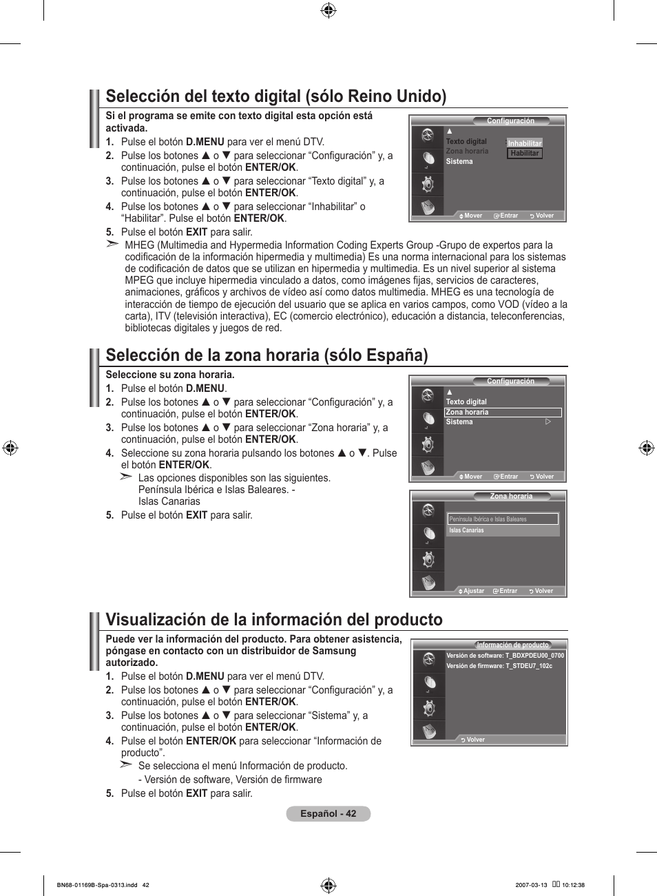 Selección del texto digital (sólo reino unido), Selección de la zona horaria (sólo españa), Visualización de la información del producto | Samsung LE40R87BD User Manual | Page 354 / 498