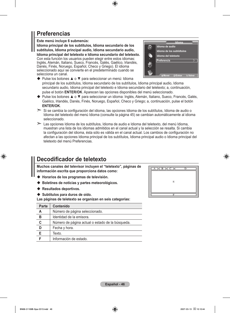 Preferencias, Decodificador de teletexto | Samsung LE40R87BD User Manual | Page 358 / 498