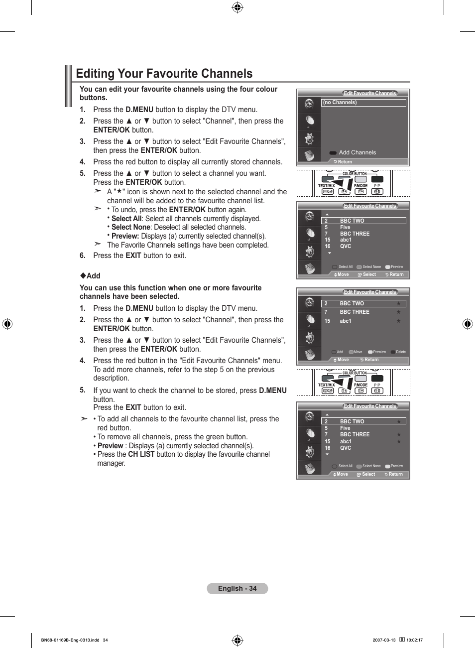 Editing your favourite channels | Samsung LE40R87BD User Manual | Page 36 / 498