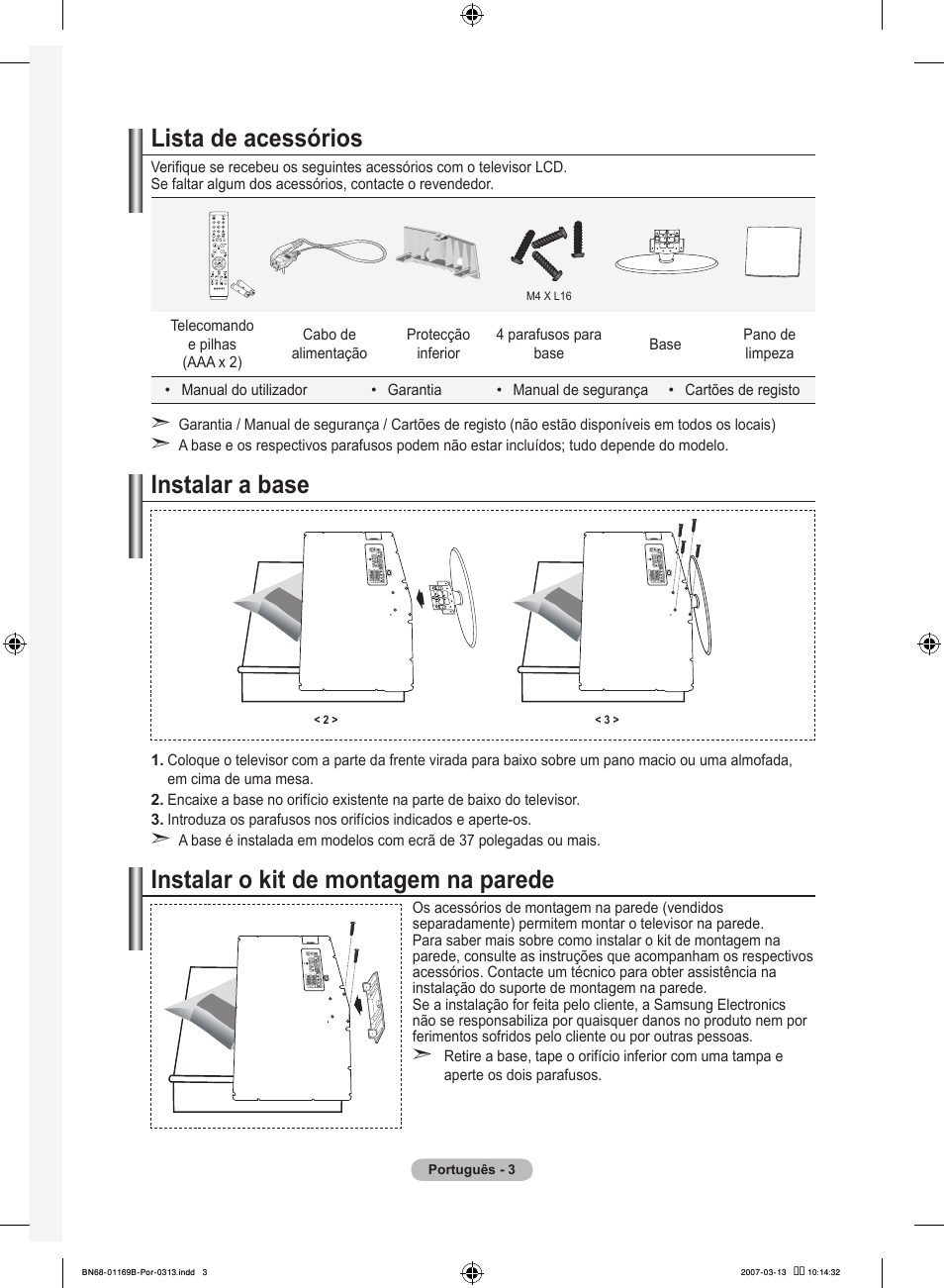 Lista de acessórios, Instalar a base, Instalar o kit de montagem na parede | Samsung LE40R87BD User Manual | Page 377 / 498