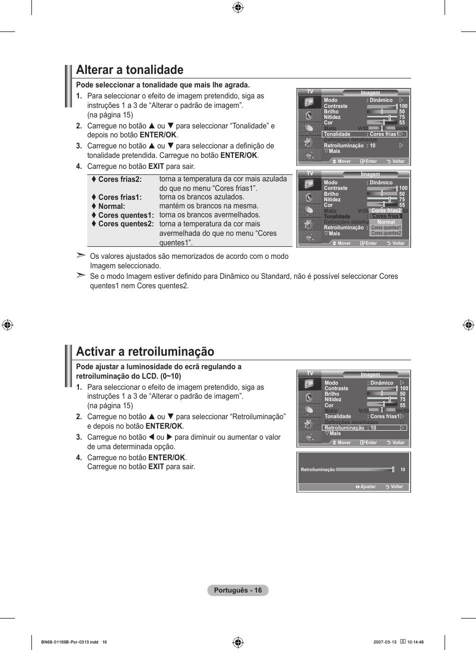 Alterar a tonalidade, Activar a retroiluminação | Samsung LE40R87BD User Manual | Page 390 / 498