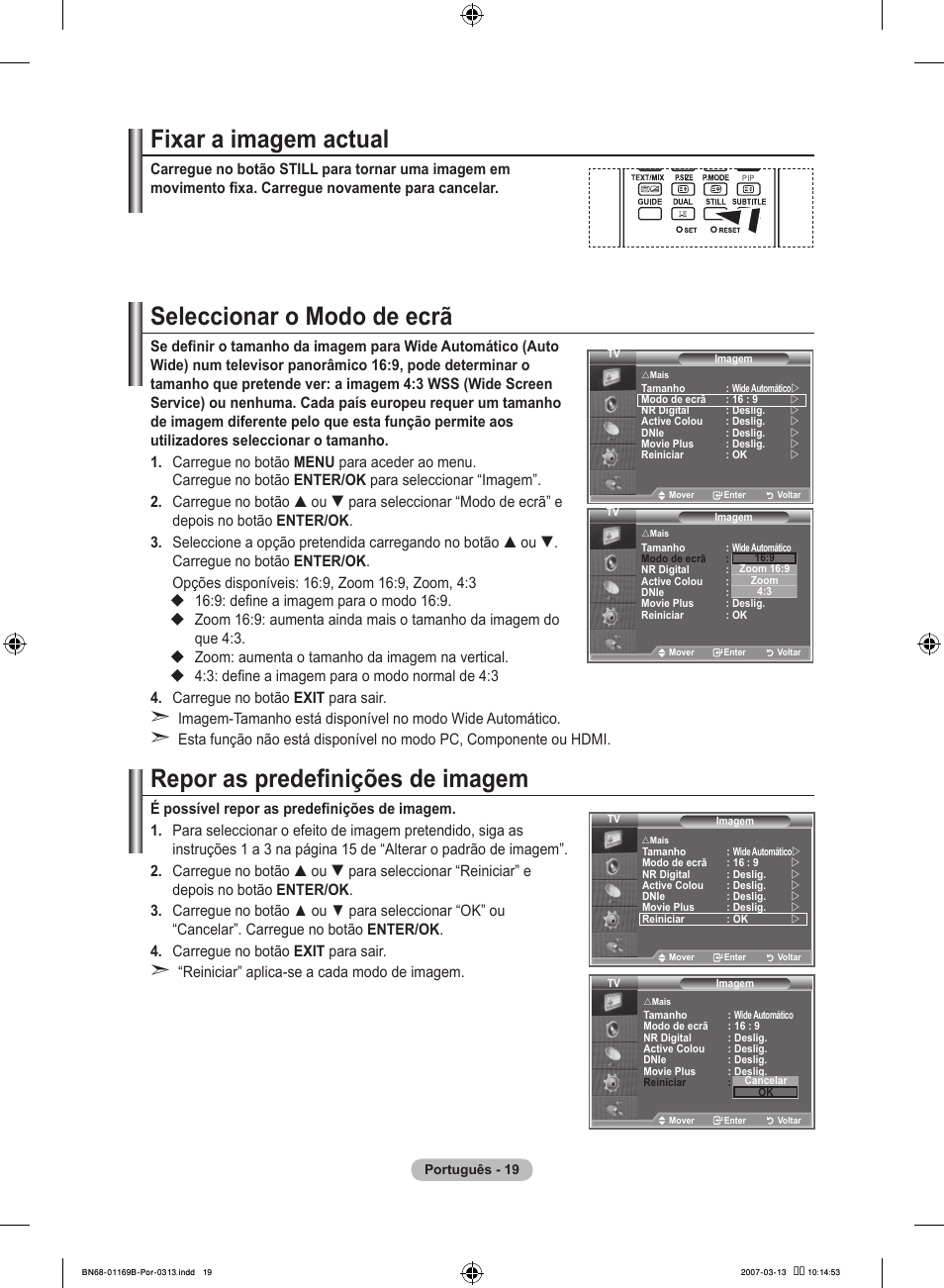 Fixar a imagem actual, Seleccionar o modo de ecrã, Repor as predefinições de imagem | Samsung LE40R87BD User Manual | Page 393 / 498