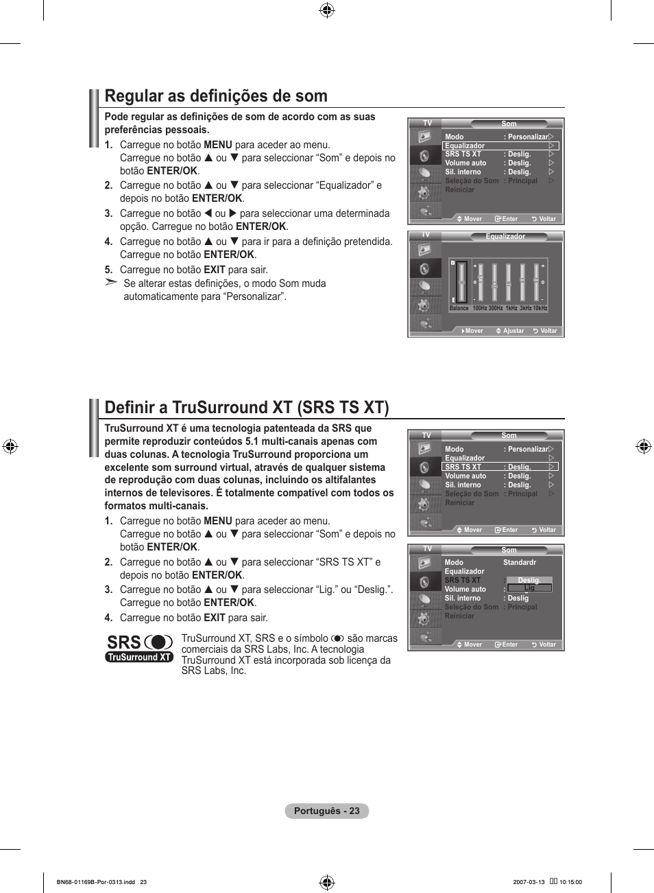 Regular as definições de som, Definir a trusurround xt (srs ts xt) | Samsung LE40R87BD User Manual | Page 397 / 498
