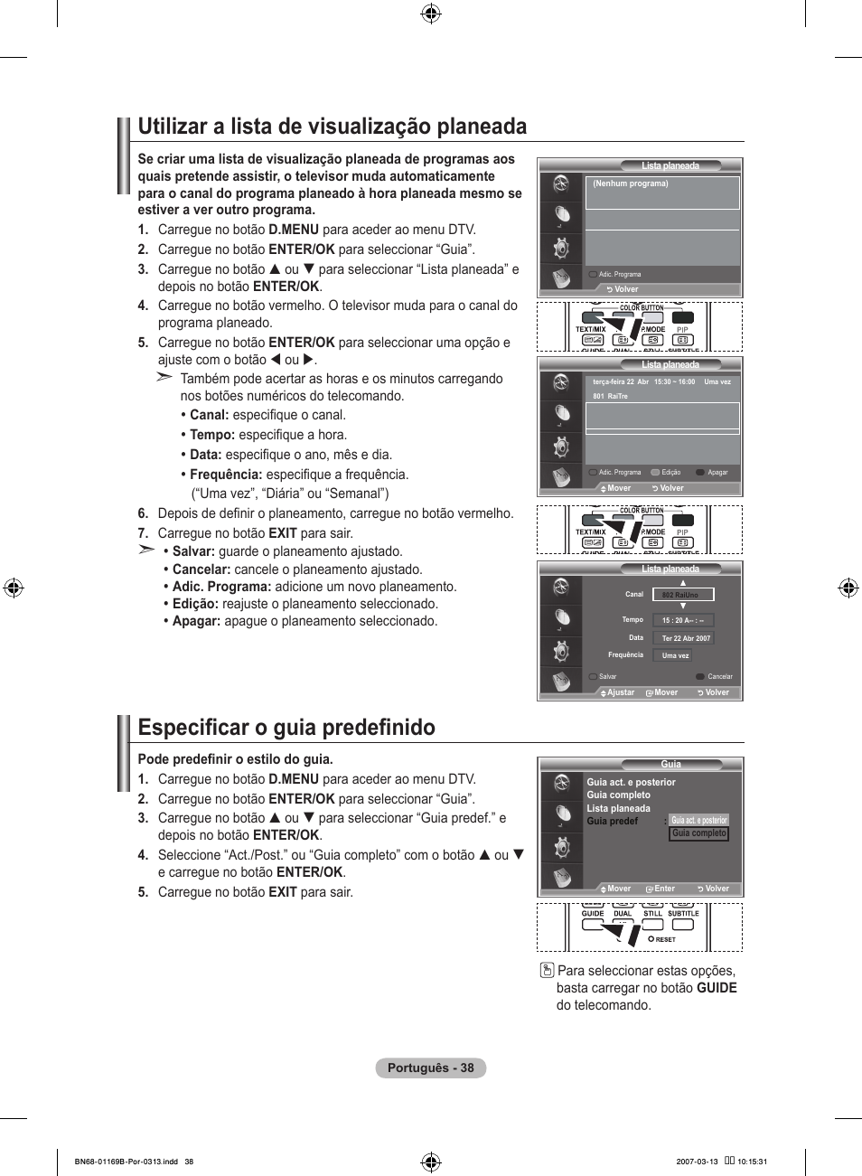 Utilizar a lista de visualização planeada, Especificar o guia predefinido | Samsung LE40R87BD User Manual | Page 412 / 498