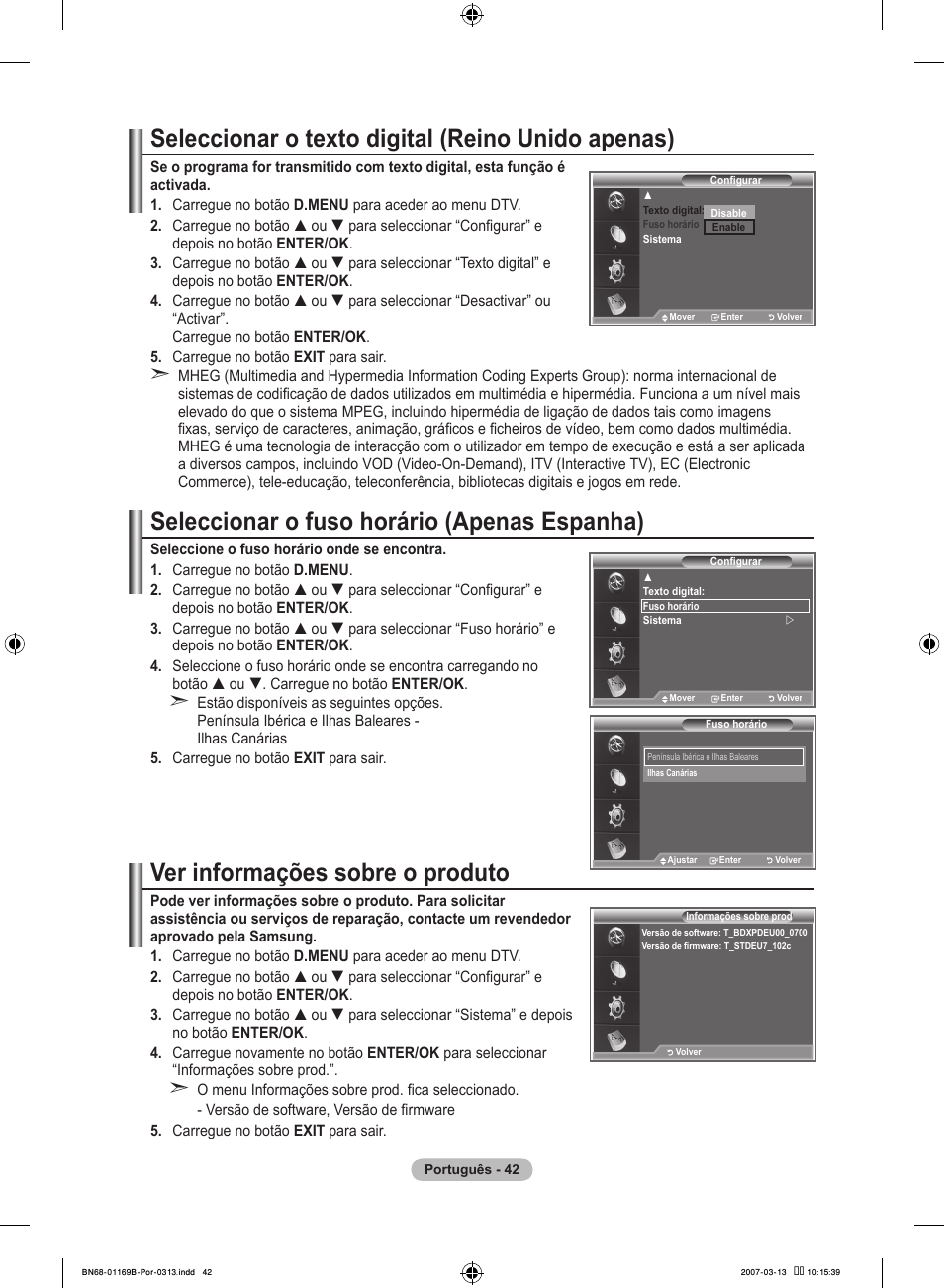 Seleccionar o texto digital (reino unido apenas), Seleccionar o fuso horário (apenas espanha), Ver informações sobre o produto | Samsung LE40R87BD User Manual | Page 416 / 498