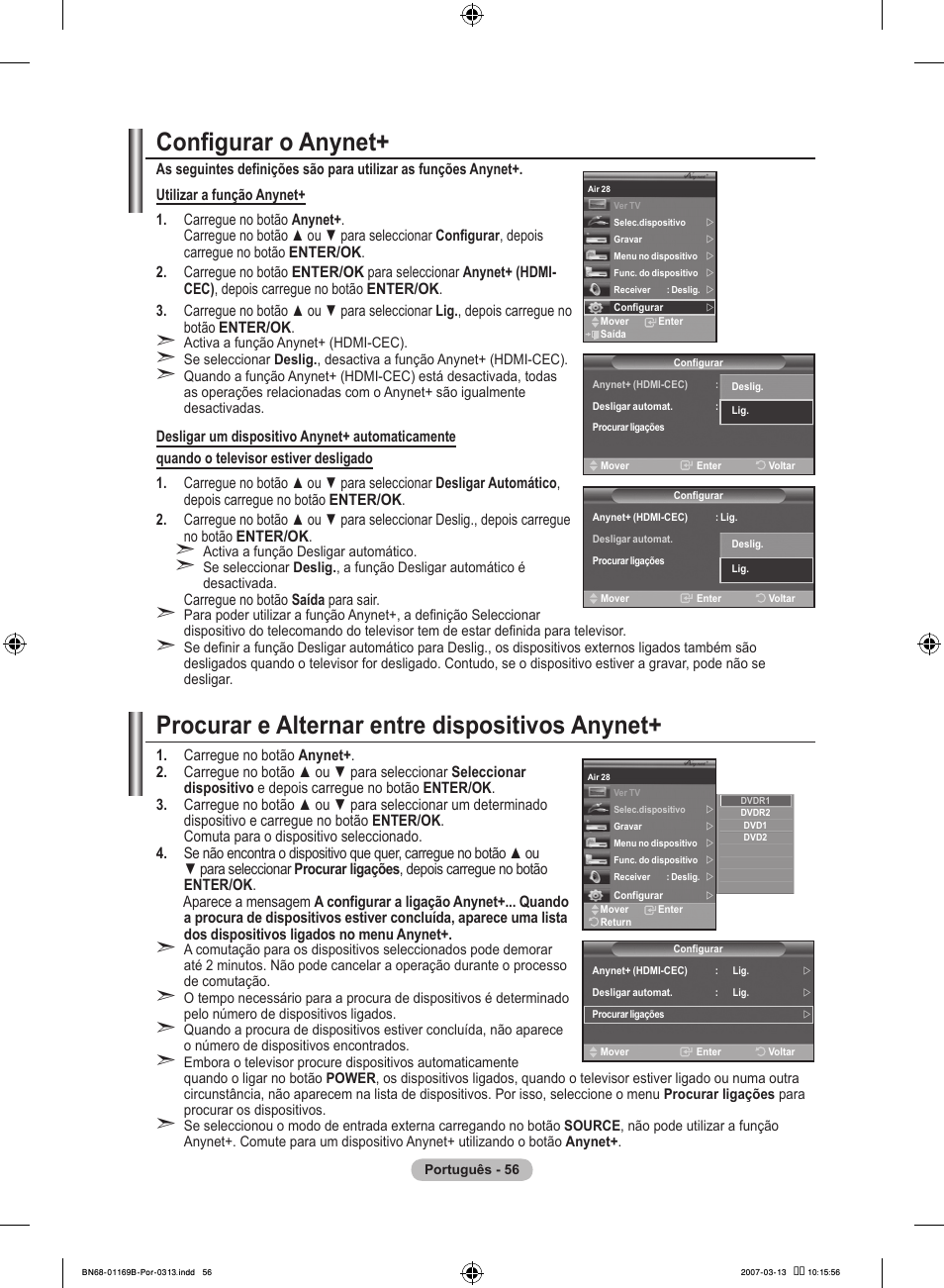 Configurar o anynet, Procurar e alternar entre dispositivos anynet | Samsung LE40R87BD User Manual | Page 430 / 498