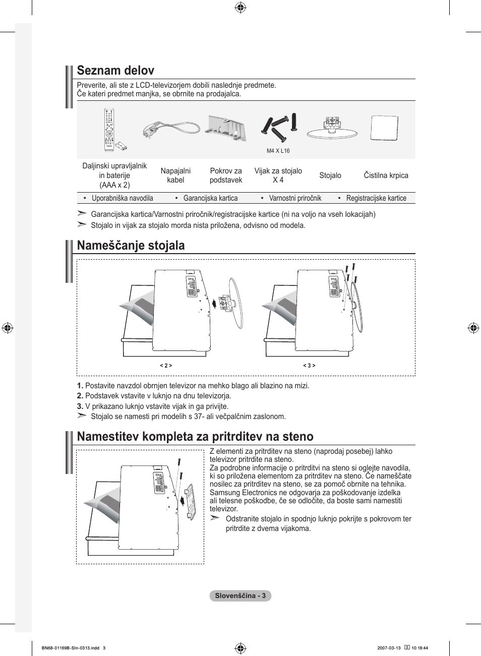 Seznam delov, Nameščanje stojala, Namestitev kompleta za pritrditev na steno | Samsung LE40R87BD User Manual | Page 439 / 498