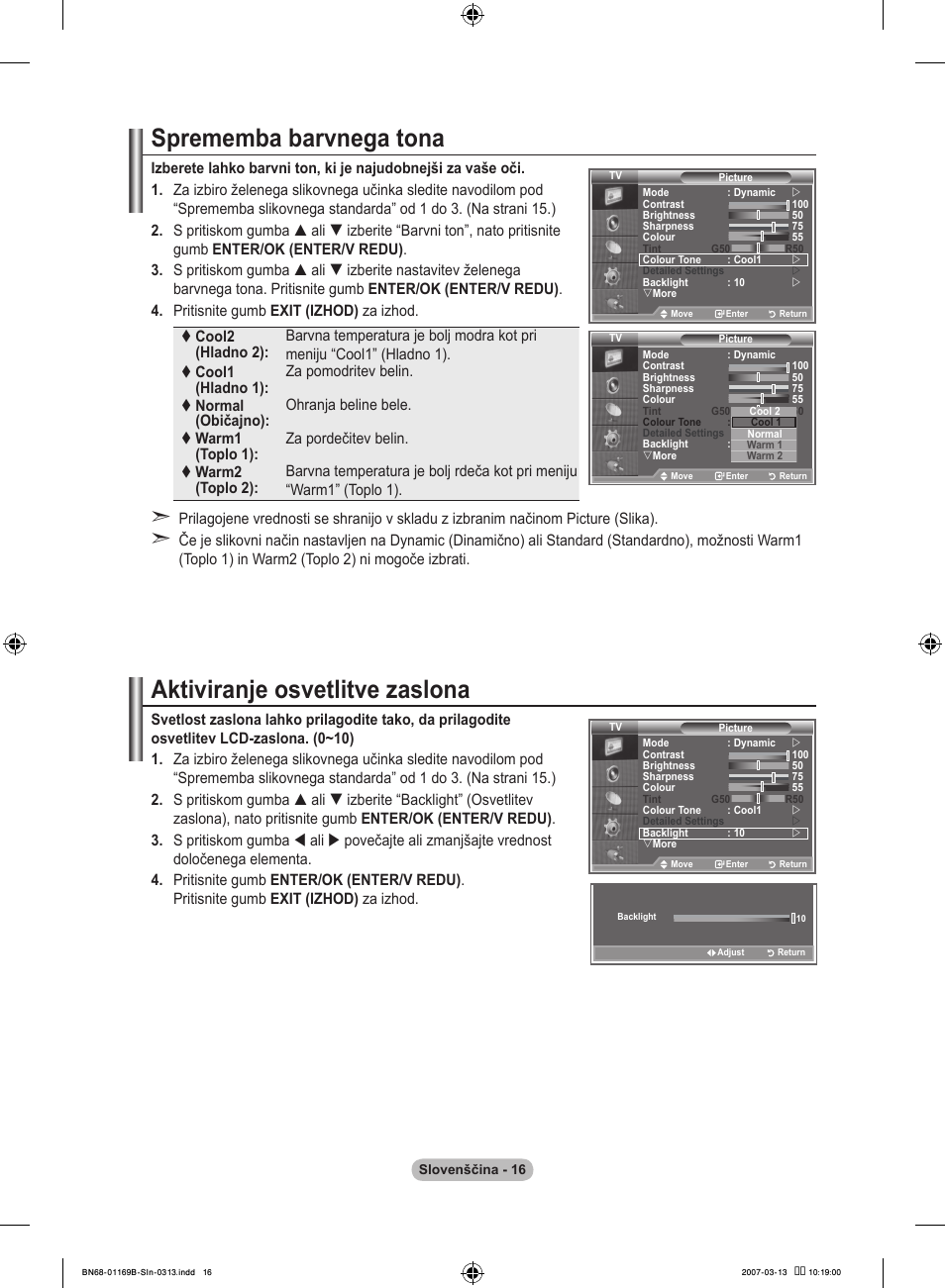 Sprememba barvnega tona, Aktiviranje osvetlitve zaslona | Samsung LE40R87BD User Manual | Page 452 / 498