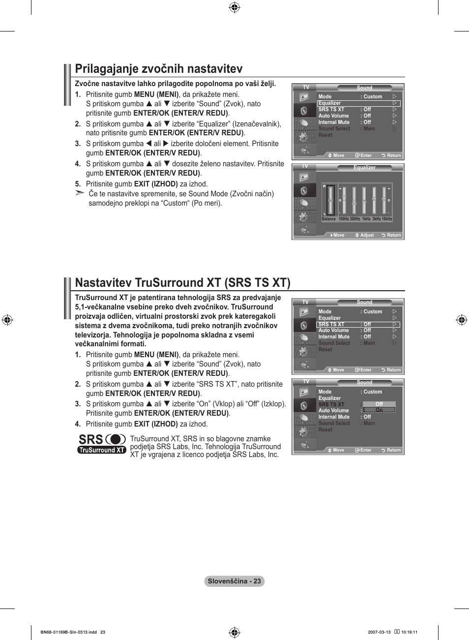 Prilagajanje zvočnih nastavitev, Nastavitev trusurround xt (srs ts xt) | Samsung LE40R87BD User Manual | Page 459 / 498