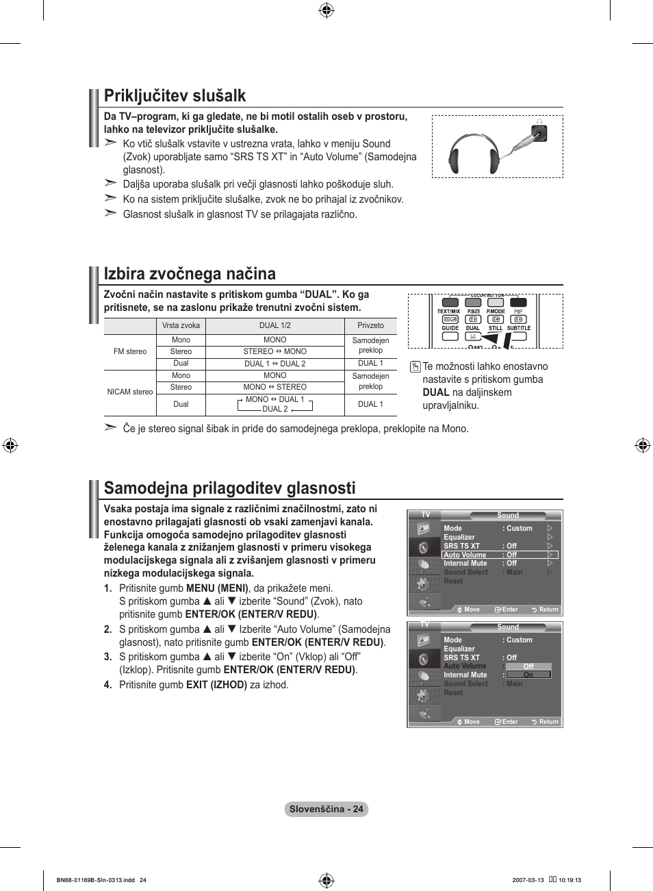 Priključitev slušalk, Izbira zvočnega načina, Samodejna prilagoditev glasnosti | Samsung LE40R87BD User Manual | Page 460 / 498