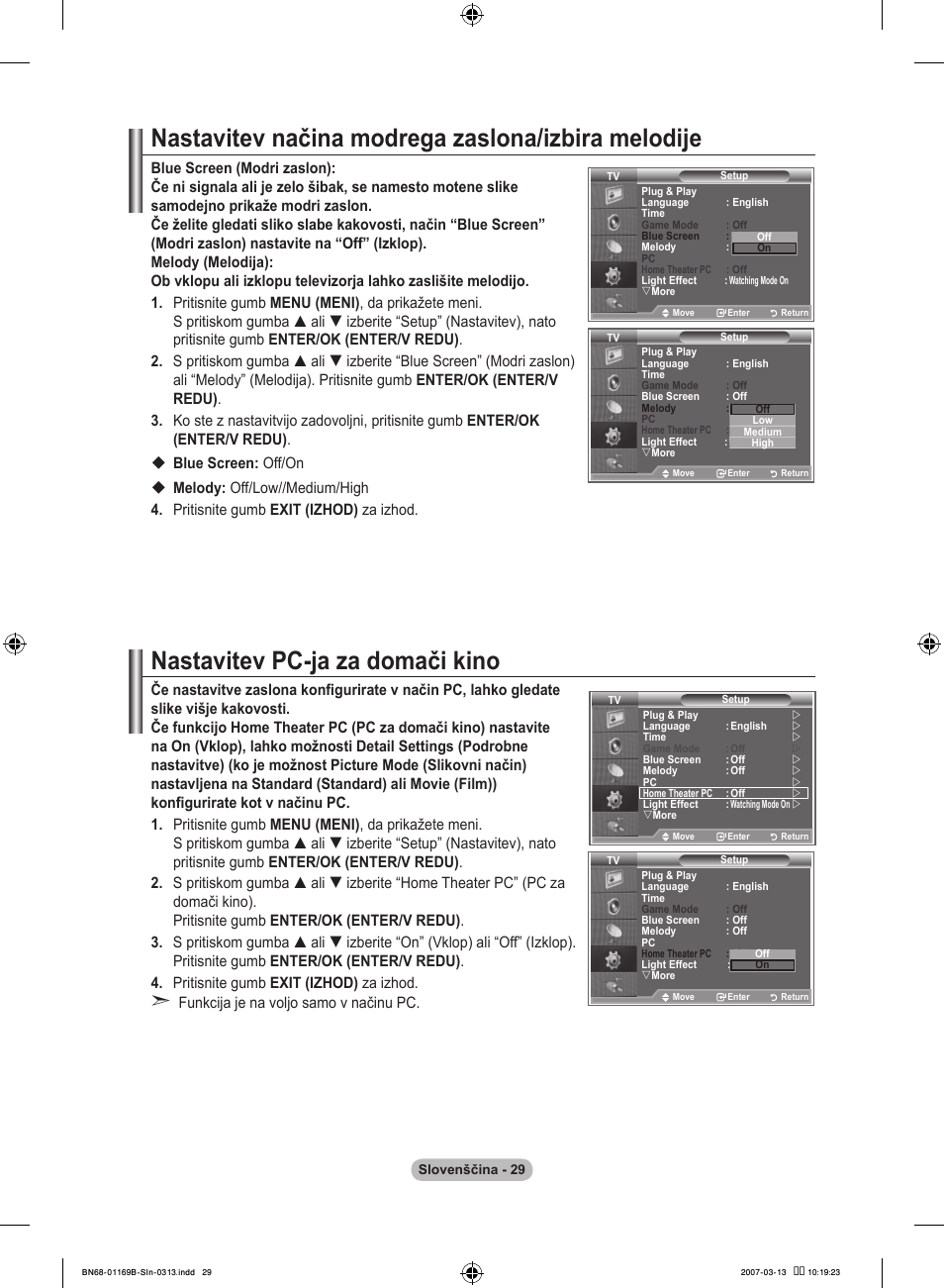 Nastavitev načina modrega zaslona/izbira melodije, Nastavitev pc-ja za domači kino | Samsung LE40R87BD User Manual | Page 465 / 498