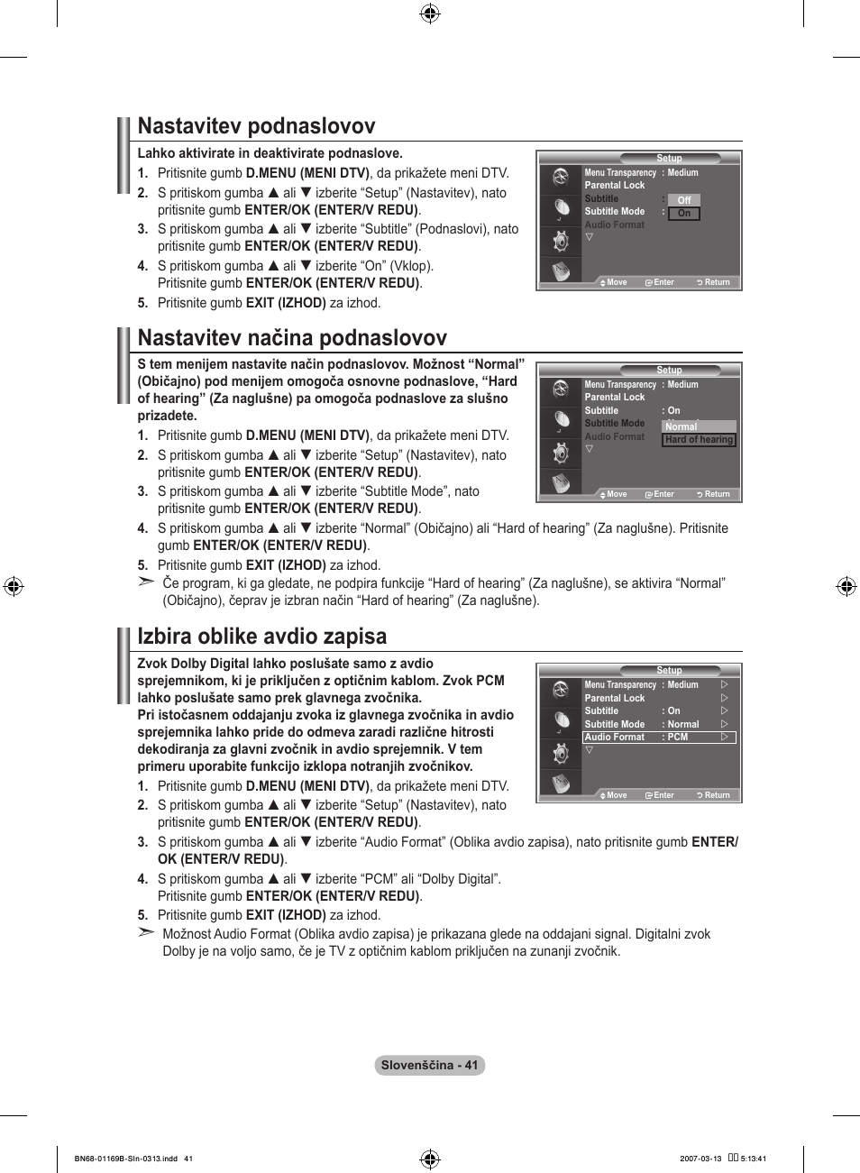 Nastavitev podnaslovov, Nastavitev načina podnaslovov, Izbira oblike avdio zapisa | Samsung LE40R87BD User Manual | Page 477 / 498