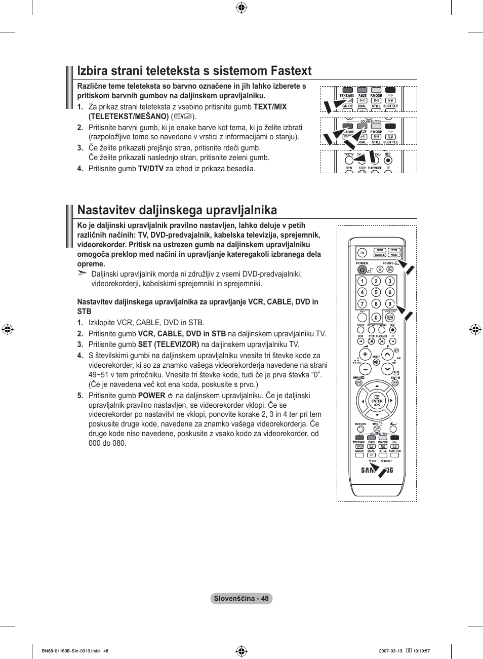 Izbira strani teleteksta s sistemom fastext, Nastavitev daljinskega upravljalnika | Samsung LE40R87BD User Manual | Page 484 / 498