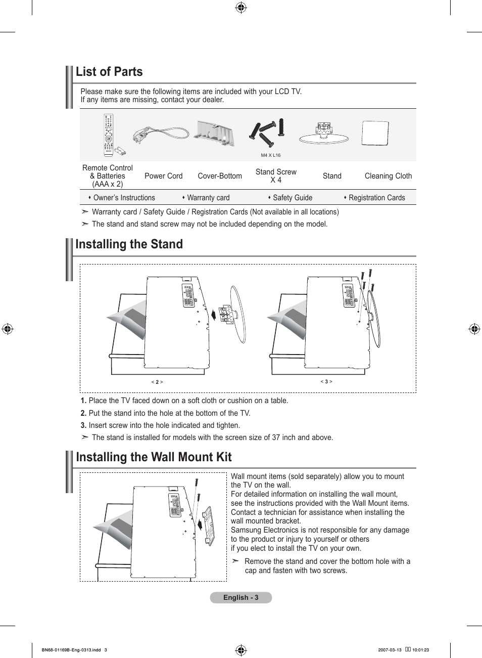 Connecting and preparing your tv, List of parts, Installing the stand | Installing the wall mount kit | Samsung LE40R87BD User Manual | Page 5 / 498