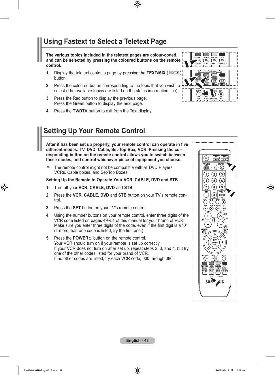 Setting up your remote control, Using fastext to select a teletext page | Samsung LE40R87BD User Manual | Page 50 / 498