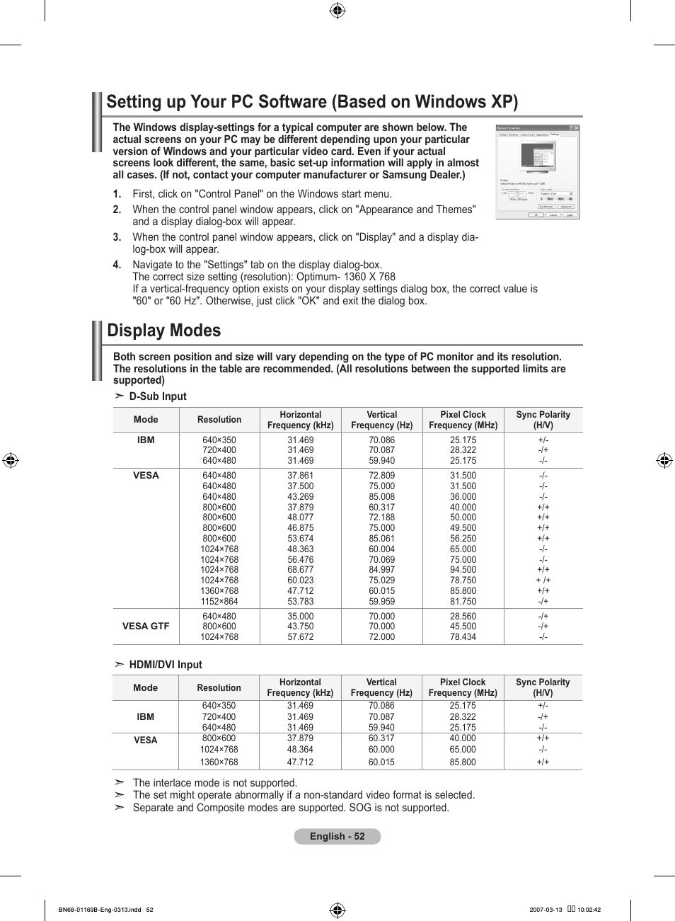 Setting the pc, Setting up your pc software (based on windows xp), Display modes | Samsung LE40R87BD User Manual | Page 54 / 498