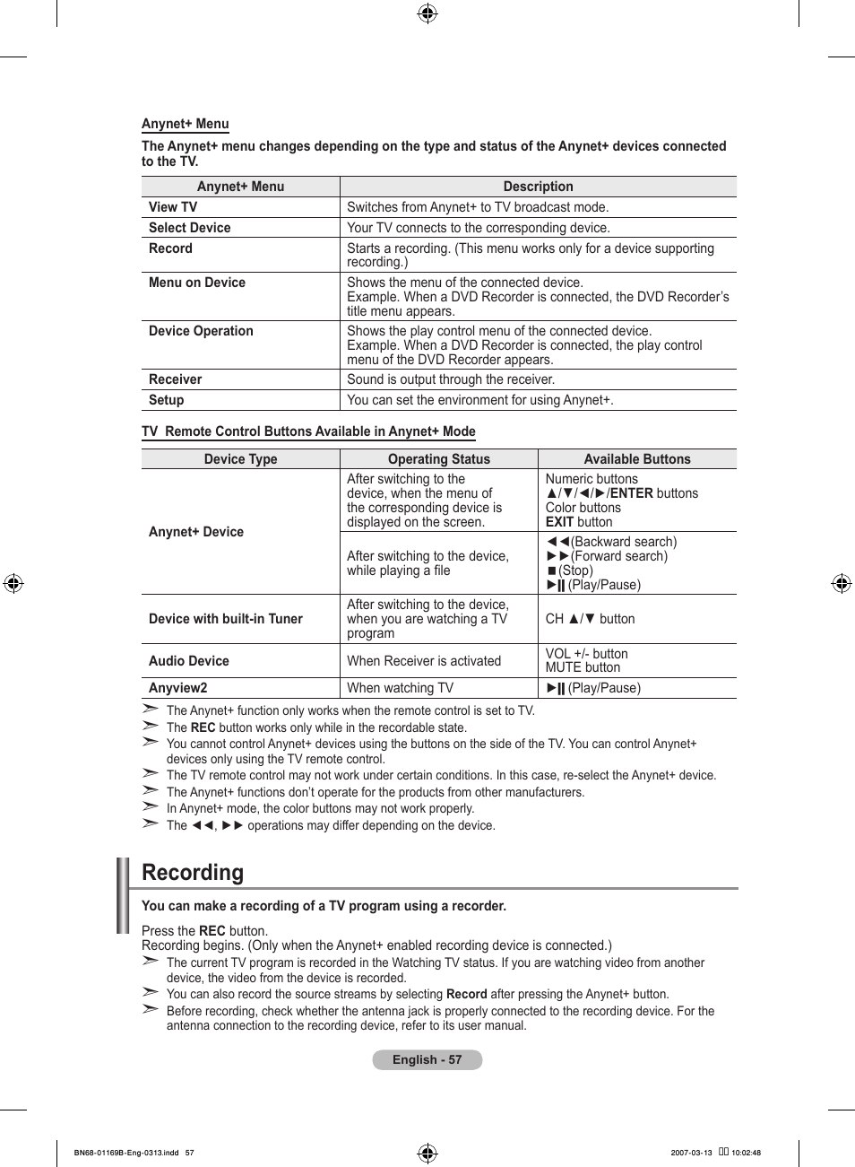 Recording | Samsung LE40R87BD User Manual | Page 59 / 498