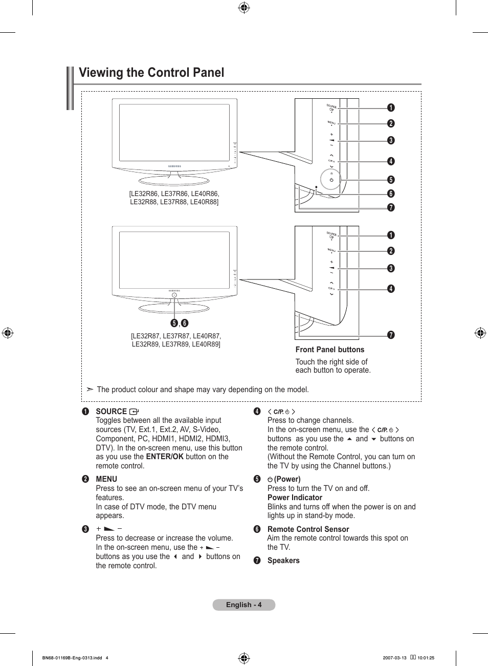 Viewing the control panel | Samsung LE40R87BD User Manual | Page 6 / 498