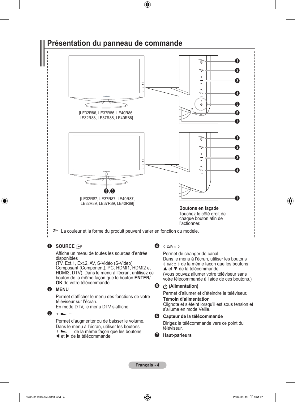 Présentation du panneau de commande | Samsung LE40R87BD User Manual | Page 68 / 498