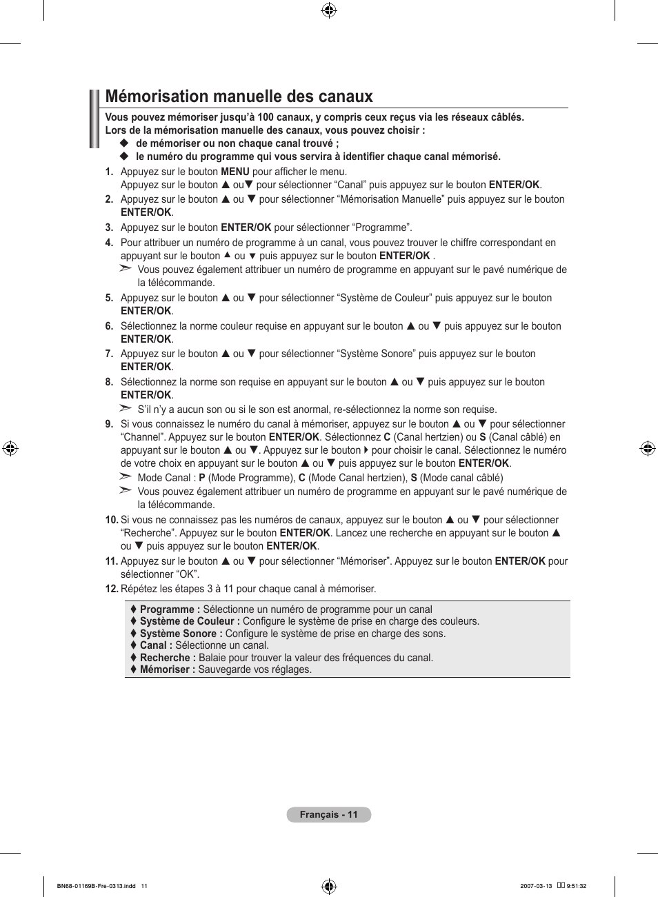 Mémorisation manuelle des canaux | Samsung LE40R87BD User Manual | Page 75 / 498