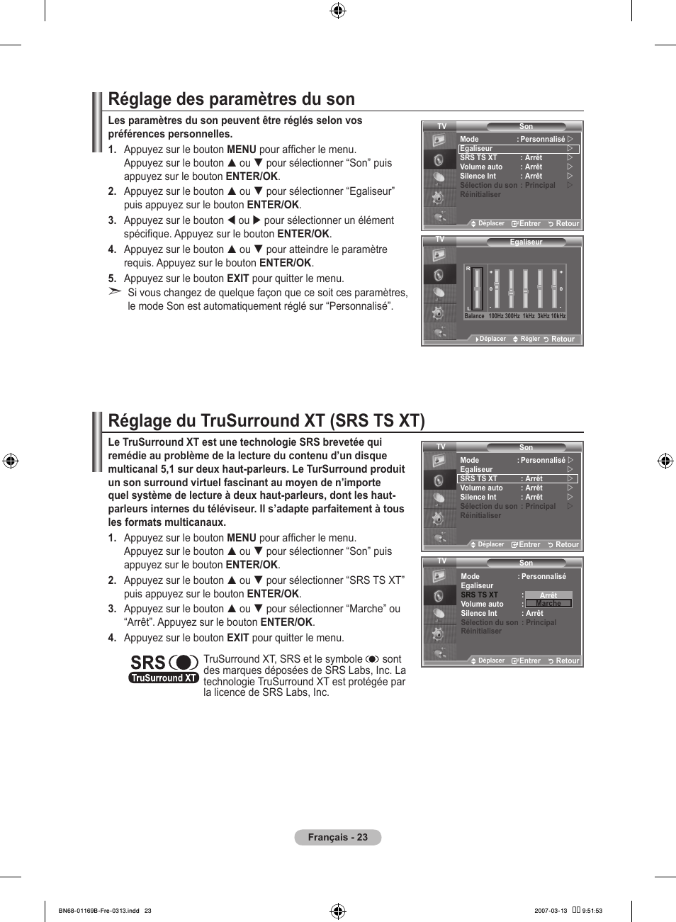 Réglage des paramètres du son, Réglage du trusurround xt (srs ts xt) | Samsung LE40R87BD User Manual | Page 87 / 498