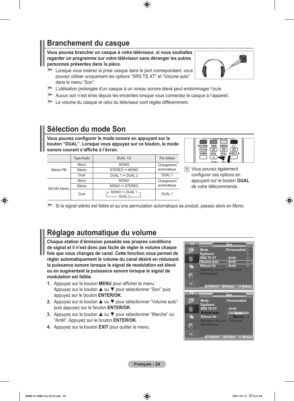 Branchement du casque, Sélection du mode son, Réglage automatique du volume | Samsung LE40R87BD User Manual | Page 88 / 498