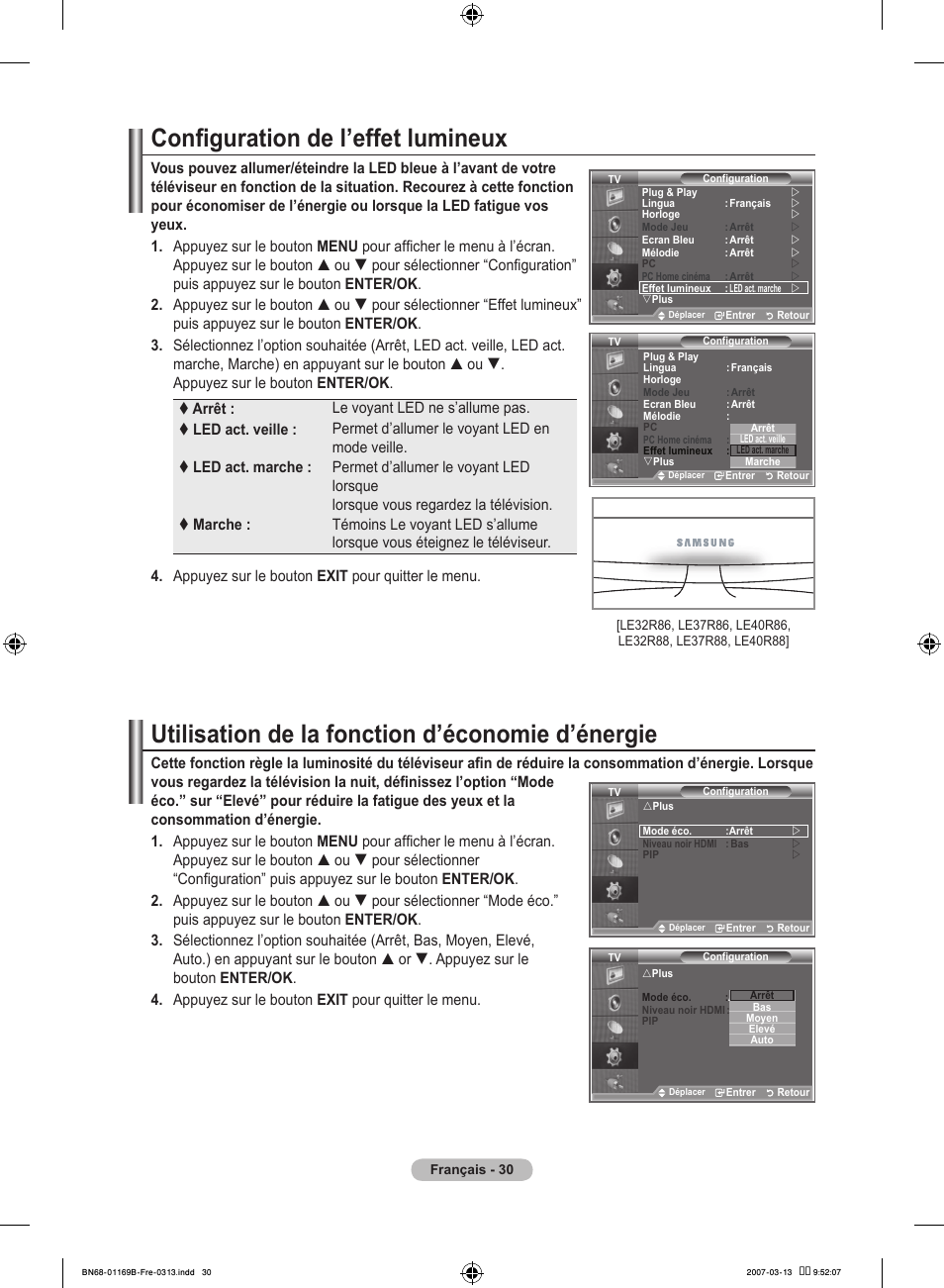 Configuration de l’effet lumineux, Utilisation de la fonction d’économie d’énergie | Samsung LE40R87BD User Manual | Page 94 / 498