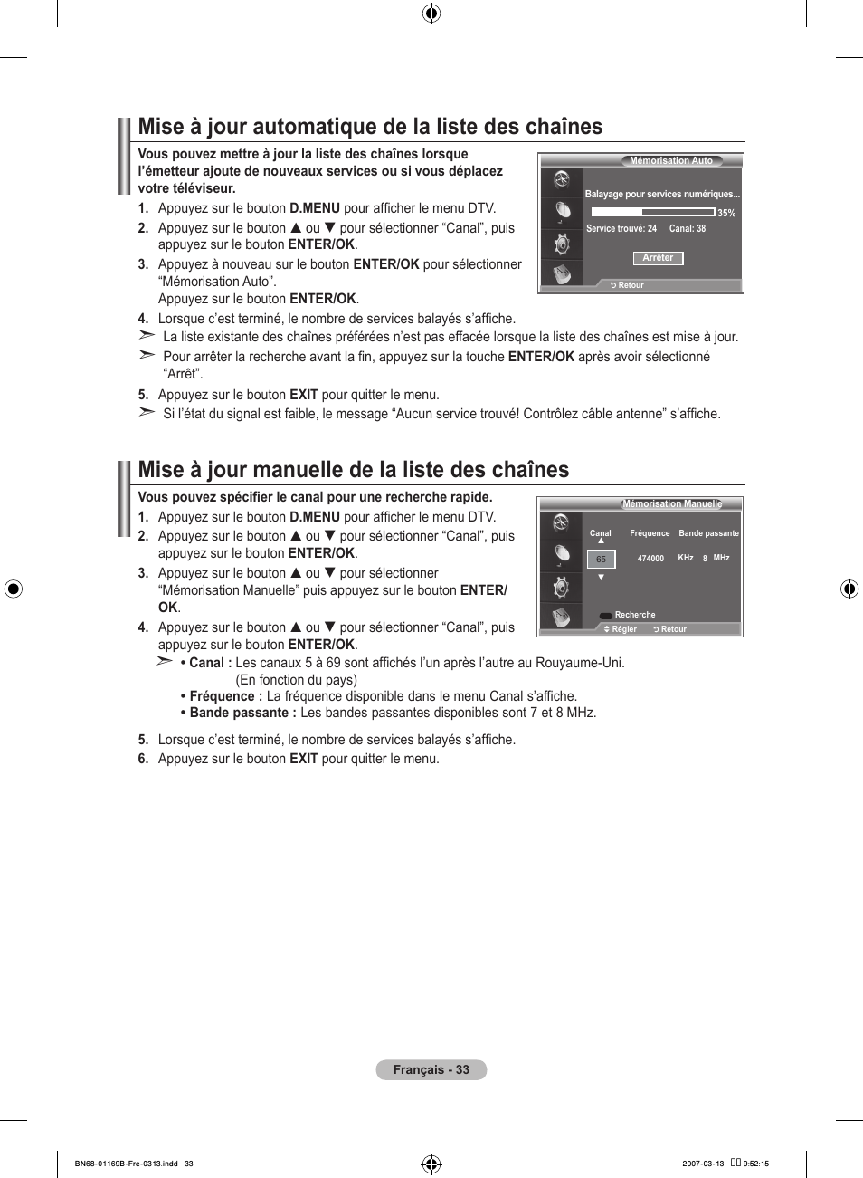 Mise à jour automatique de la liste des chaînes, Mise à jour manuelle de la liste des chaînes | Samsung LE40R87BD User Manual | Page 97 / 498