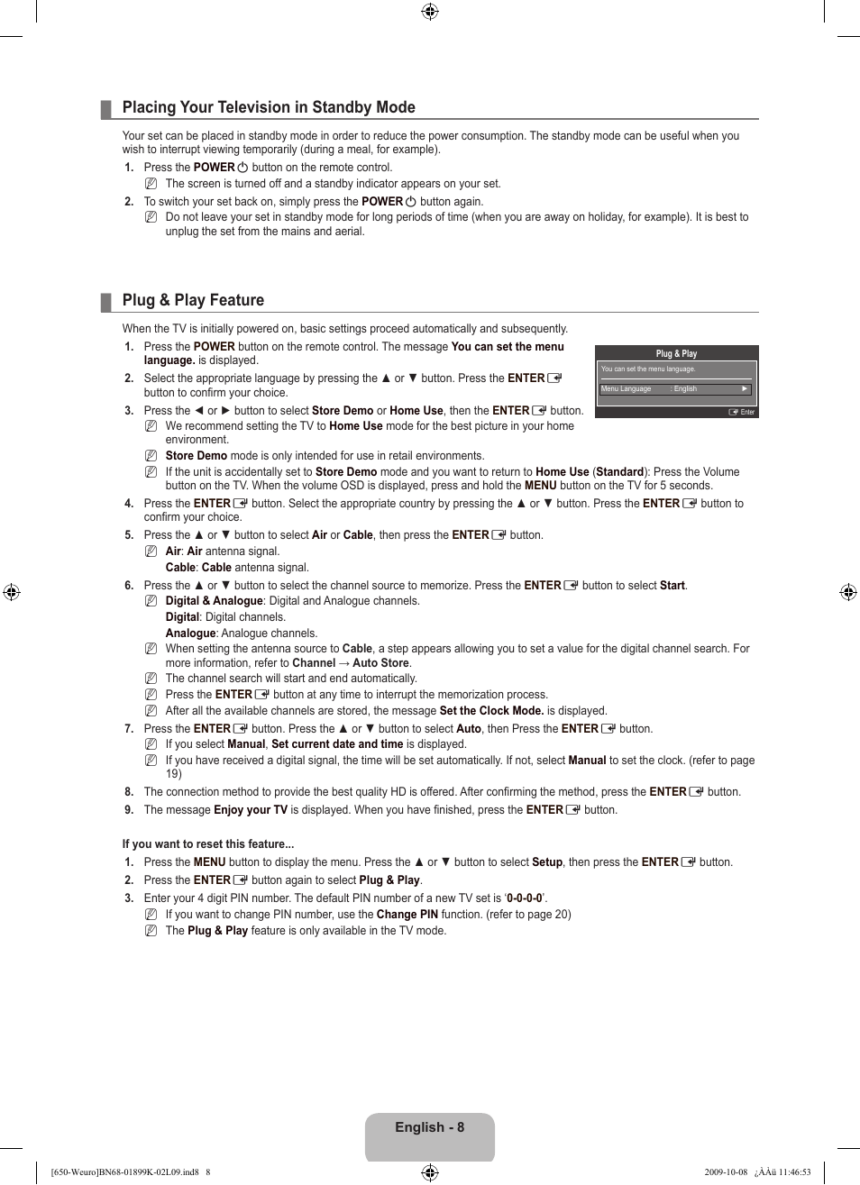 Placing your television in standby mode, Plug & play feature | Samsung LE19B650T6W User Manual | Page 10 / 296