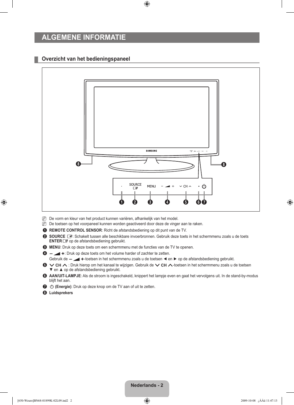 Algemene informatie, Overzicht van het bedieningspaneel | Samsung LE19B650T6W User Manual | Page 100 / 296