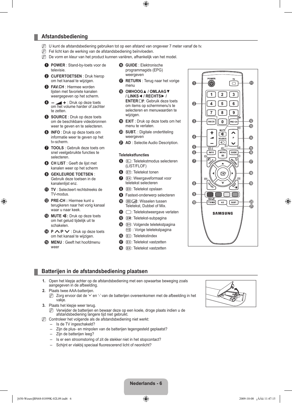 Afstandsbediening, Batterijen in de afstandsbediening plaatsen | Samsung LE19B650T6W User Manual | Page 104 / 296