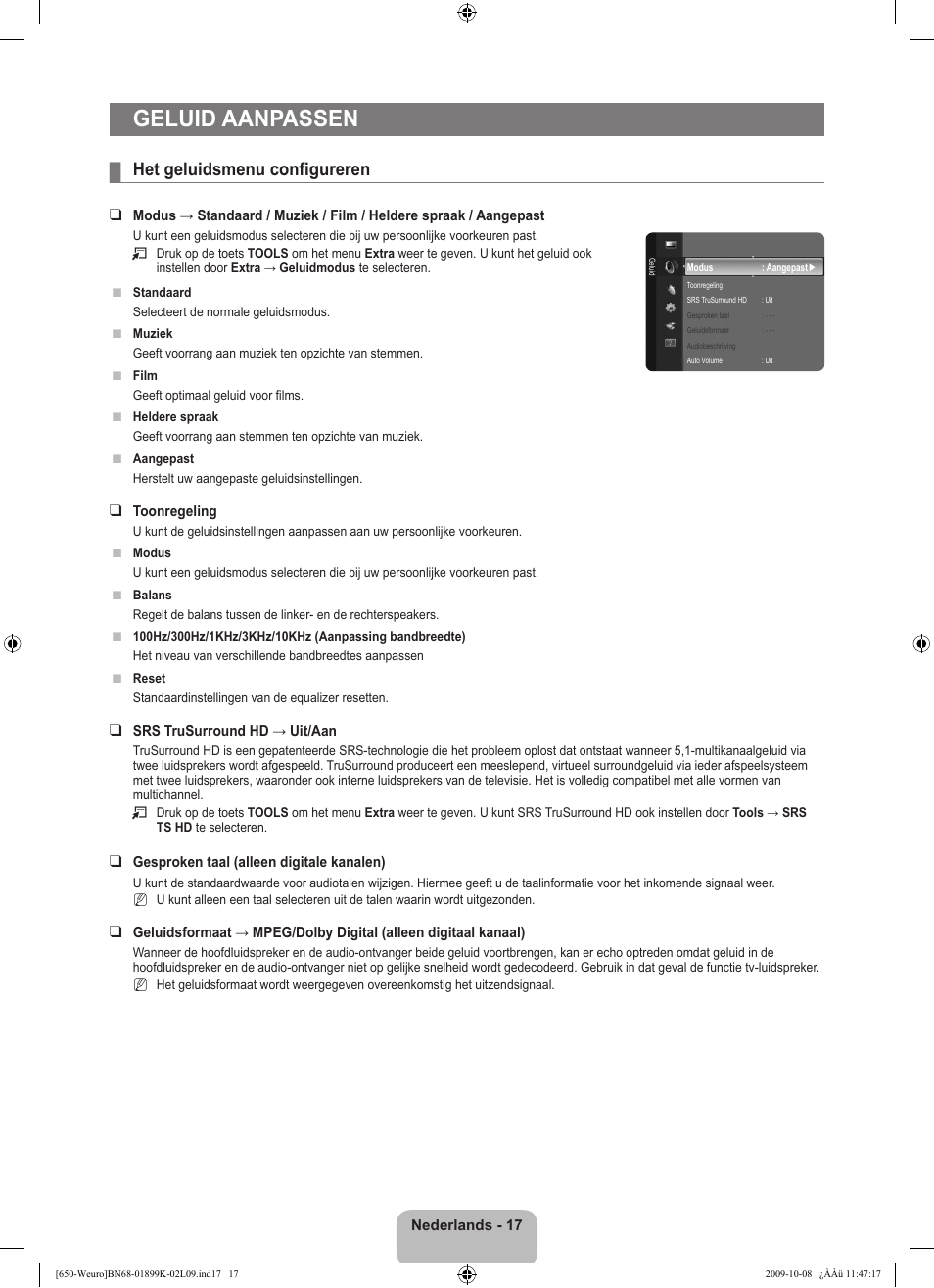 Geluid aanpassen, Het geluidsmenu configureren | Samsung LE19B650T6W User Manual | Page 115 / 296