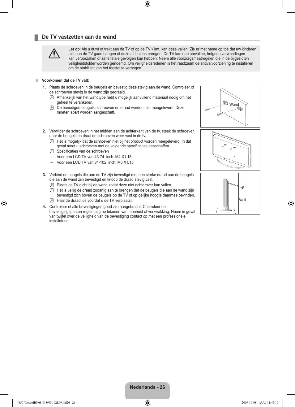 De tv vastzetten aan de wand | Samsung LE19B650T6W User Manual | Page 124 / 296