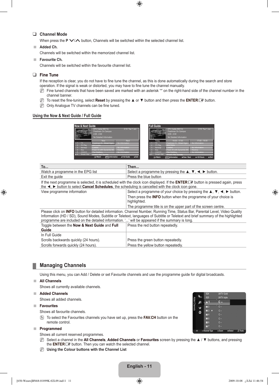 Managing channels, English -  channel mode, Fine tune | Using the now & next guide / full guide | Samsung LE19B650T6W User Manual | Page 13 / 296