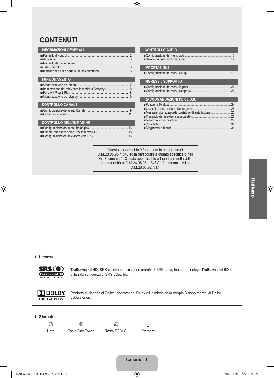Contenuti, Italiano | Samsung LE19B650T6W User Manual | Page 131 / 296