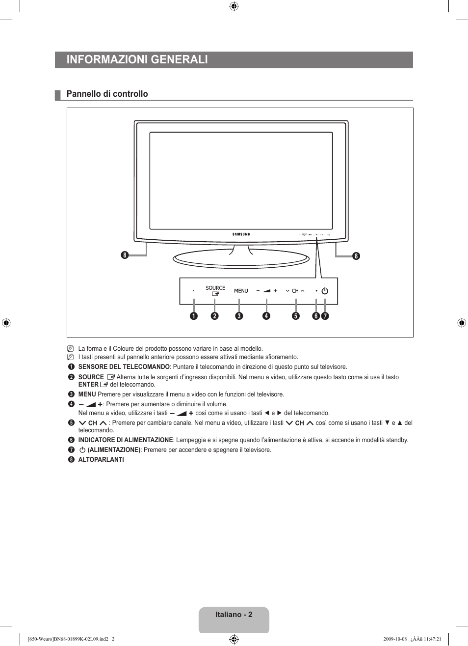 Informazioni generali, Pannello di controllo | Samsung LE19B650T6W User Manual | Page 132 / 296