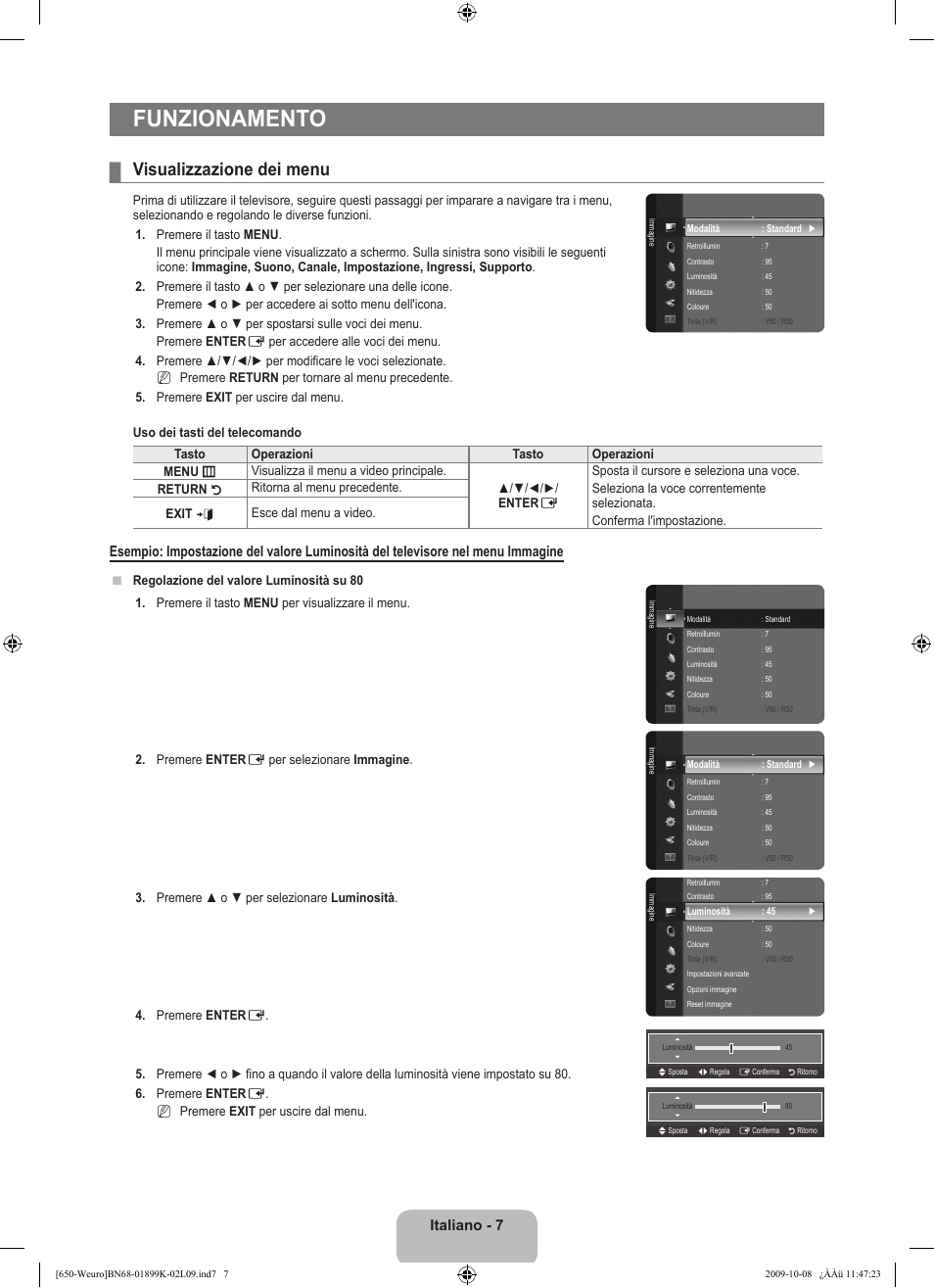Funzionamento, Visualizzazione dei menu, Italiano | Samsung LE19B650T6W User Manual | Page 137 / 296