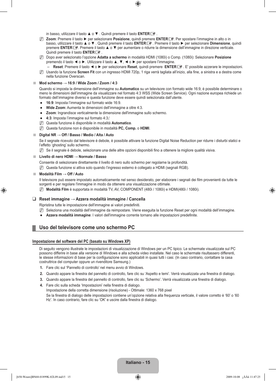 Uso del televisore come uno schermo pc | Samsung LE19B650T6W User Manual | Page 145 / 296