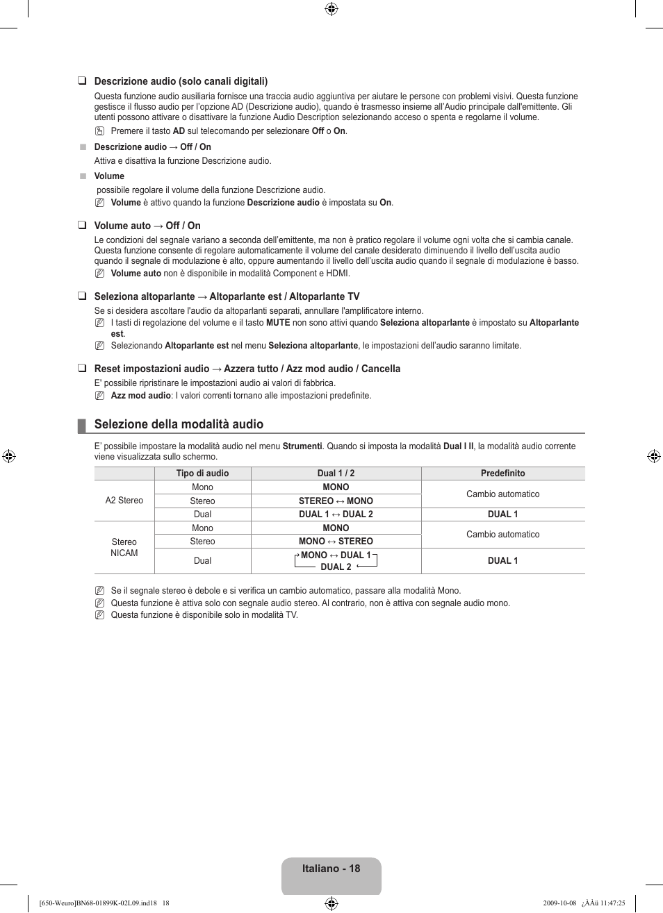 Selezione della modalità audio | Samsung LE19B650T6W User Manual | Page 148 / 296