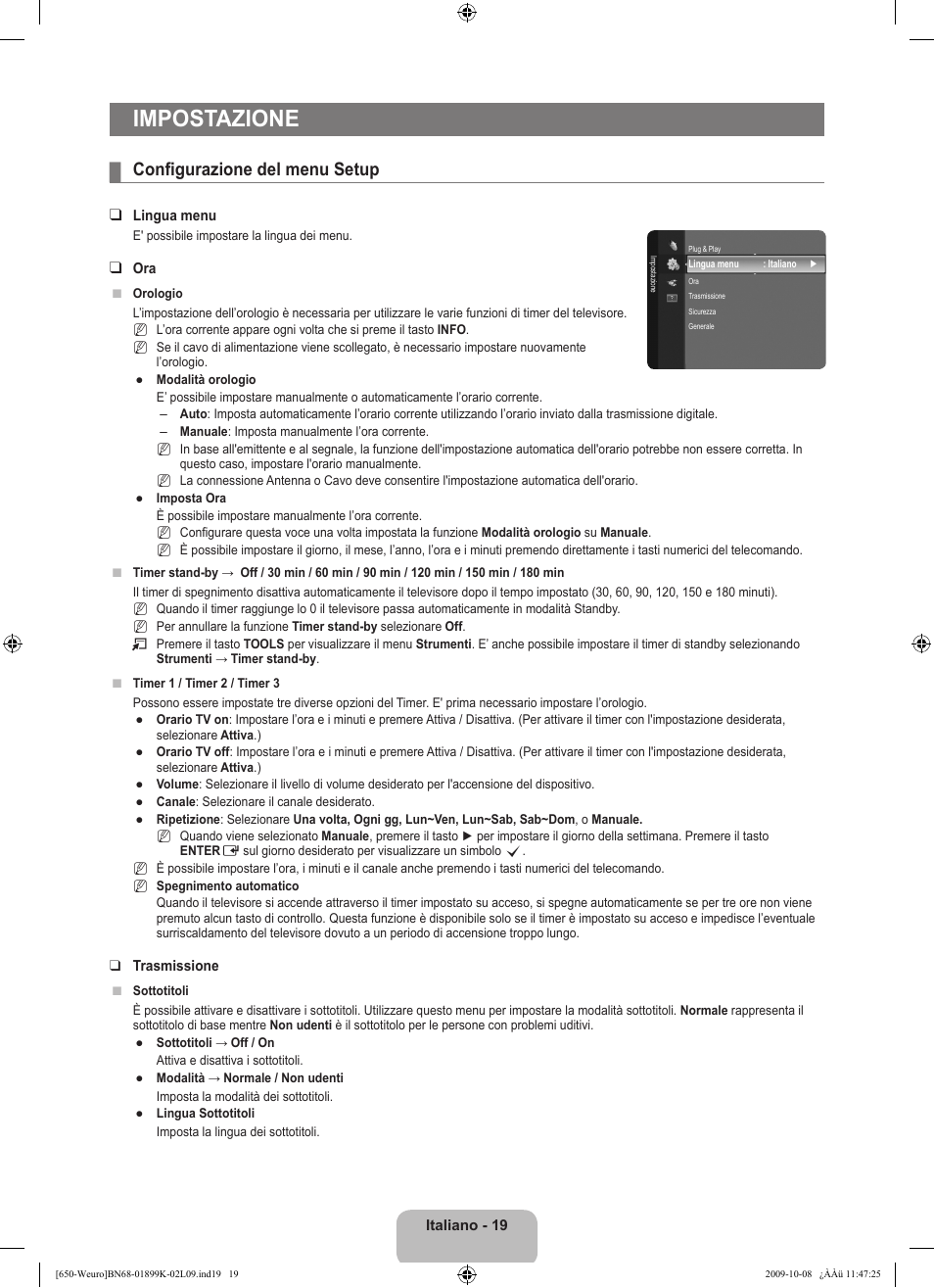 Impostazione, Configurazione del menu setup | Samsung LE19B650T6W User Manual | Page 149 / 296