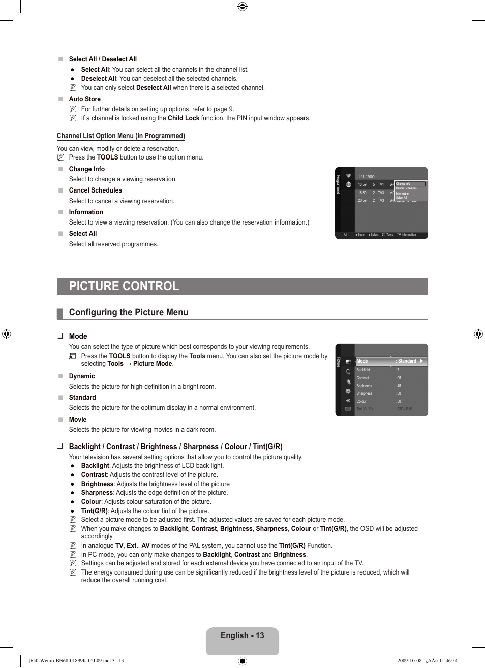 Picture control, Configuring the picture menu | Samsung LE19B650T6W User Manual | Page 15 / 296