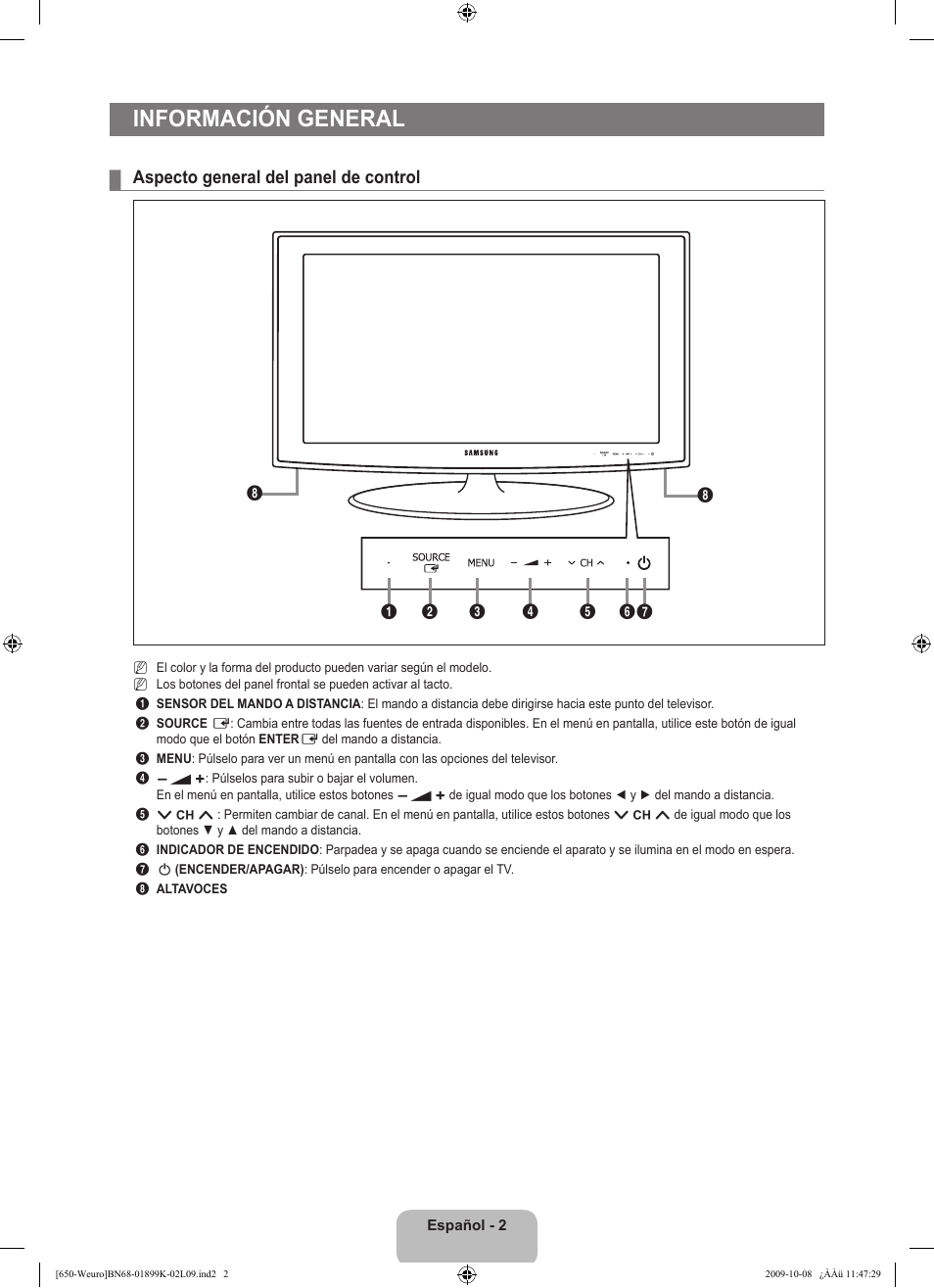 Información general, Aspecto general del panel de control | Samsung LE19B650T6W User Manual | Page 164 / 296