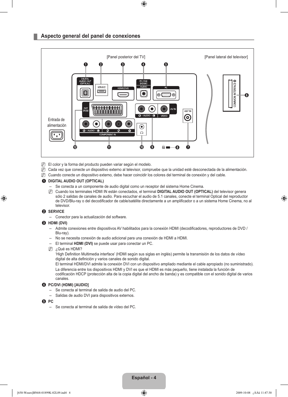 Aspecto general del panel de conexiones | Samsung LE19B650T6W User Manual | Page 166 / 296